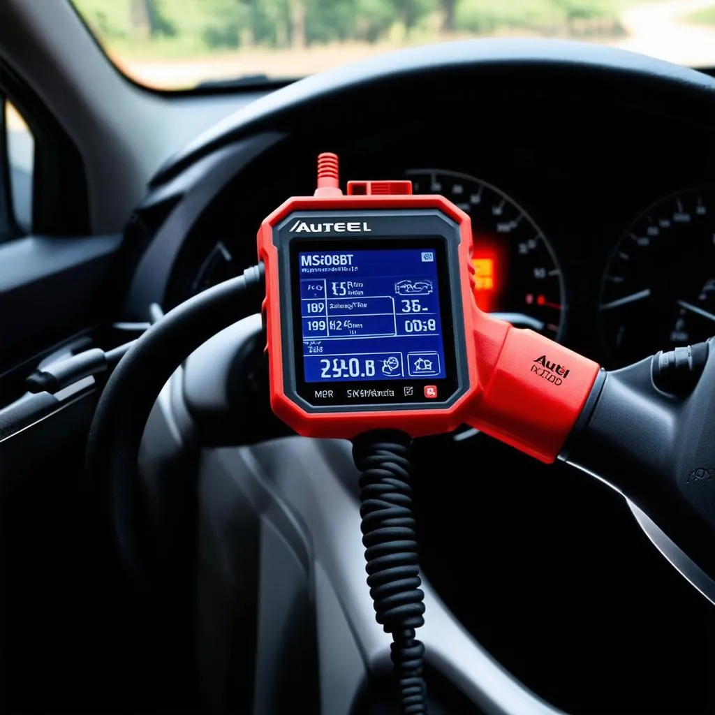 Autel MaxiSys MS906BT plugged into a car's OBD-II port.