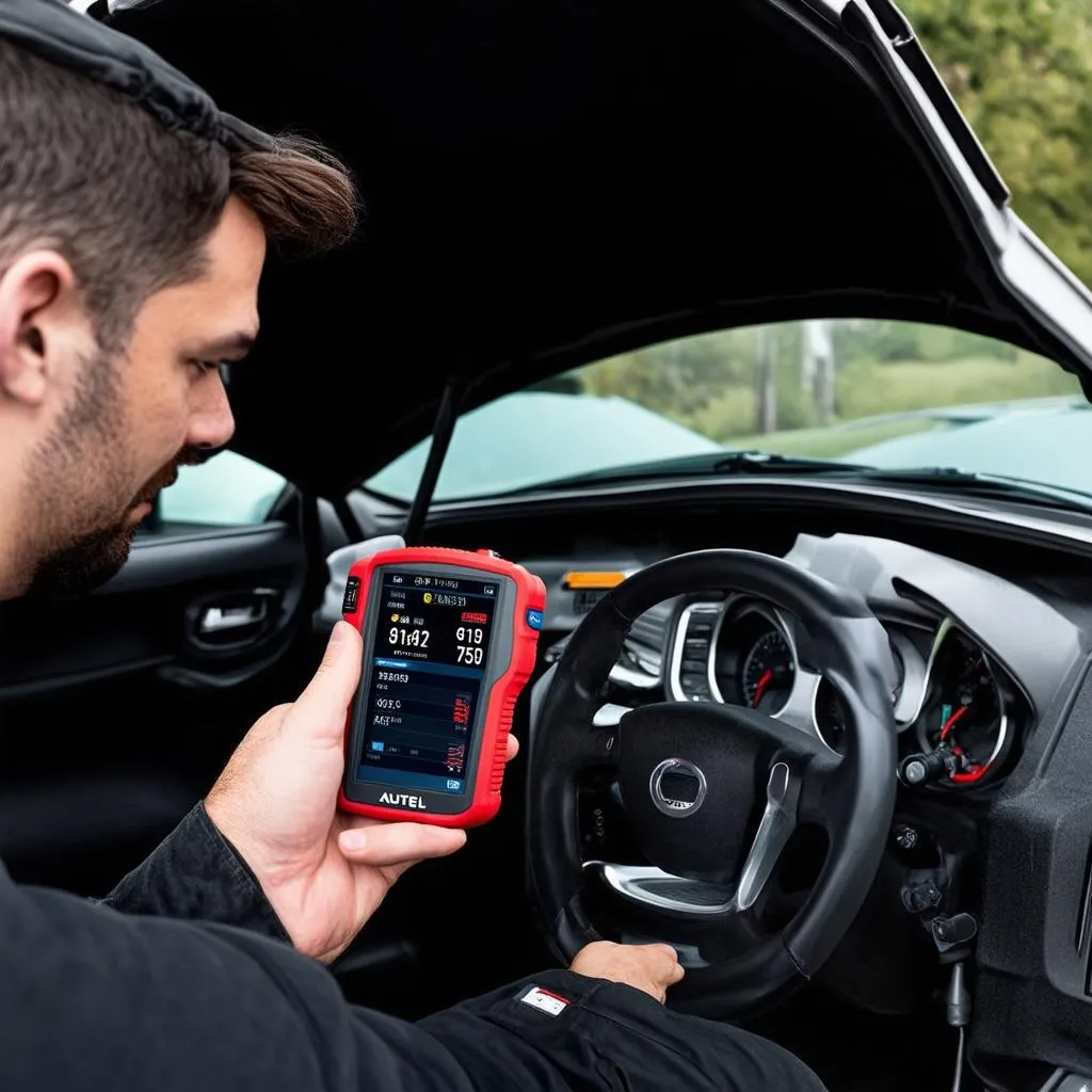 Autel MaxiSys MS906BT being used to diagnose a car's electrical system