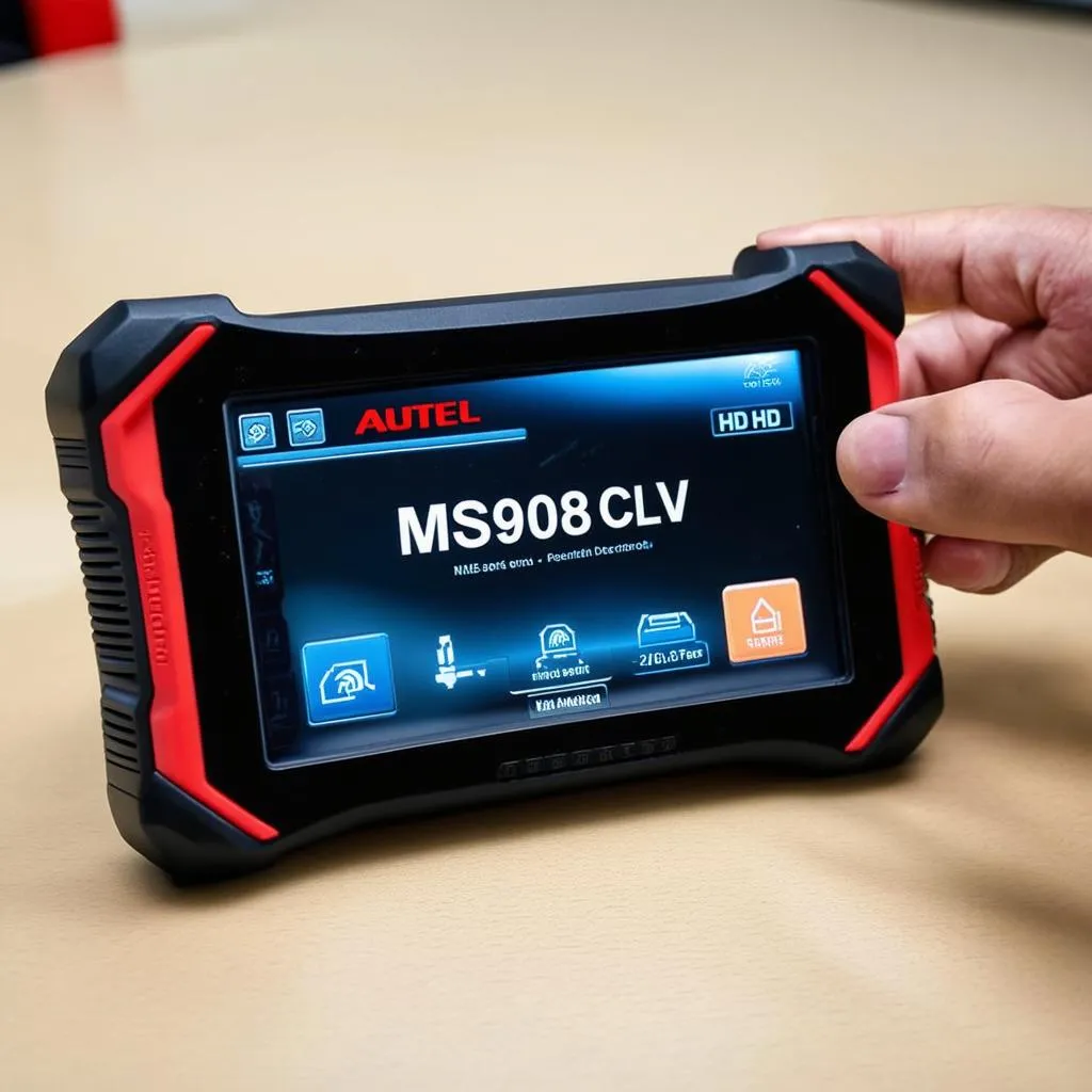 A close-up shot of the Autel MS908CV HD Fleet diagnostic tool