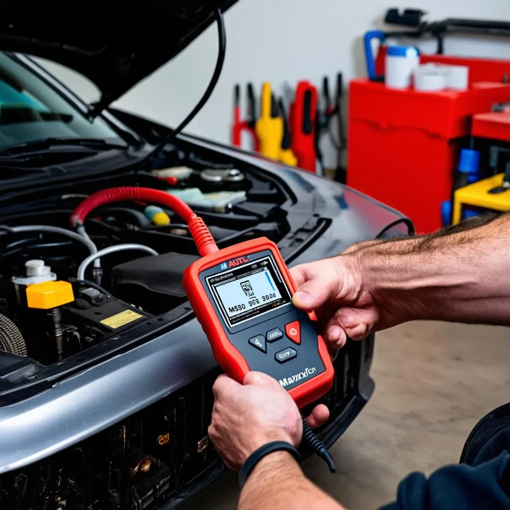 A mechanic using an Autel MaxiSys MS908S Pro on a car