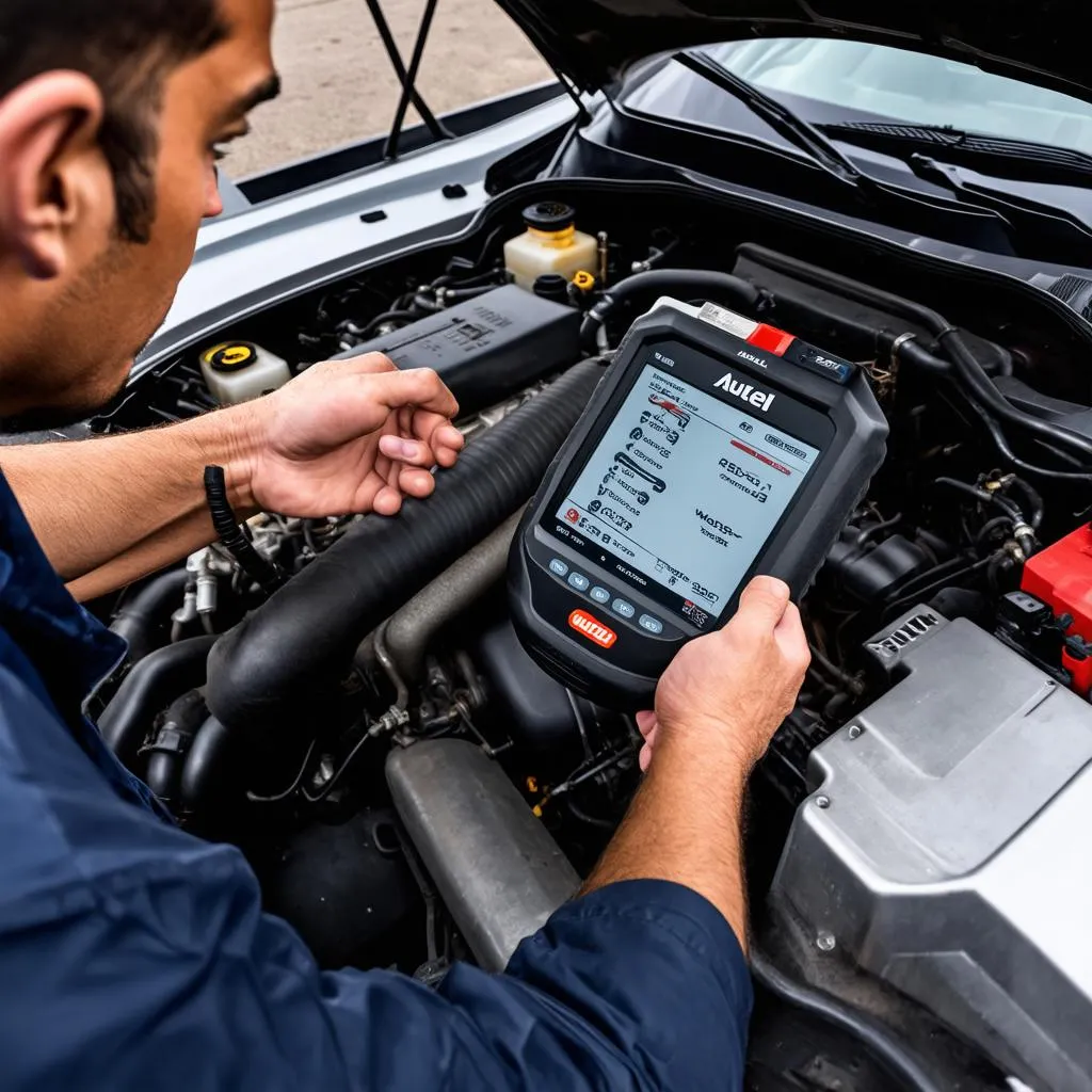 Mechanic using Autel MS908SP on a car