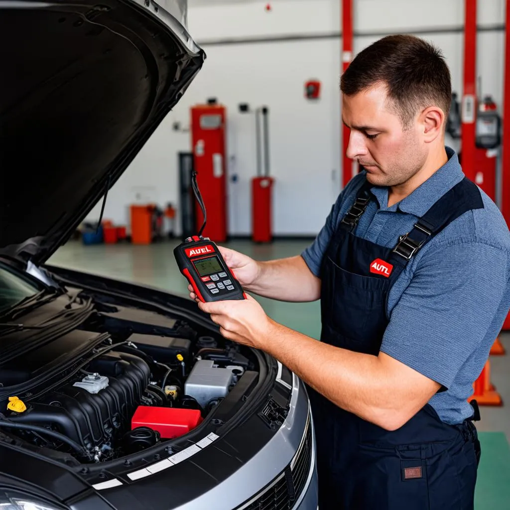 Mechanic Using Autel MV101