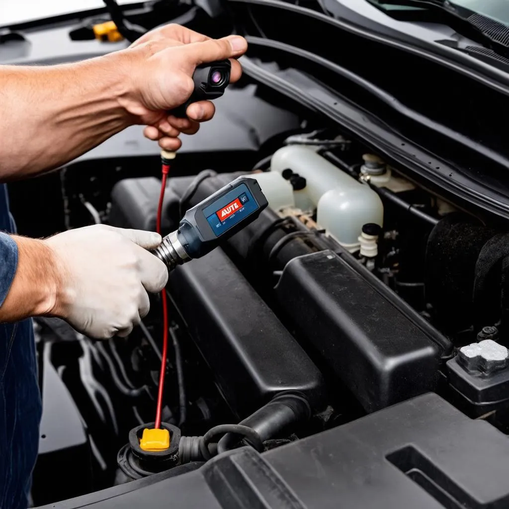 The Autel MV101 inspecting the engine bay of a car.