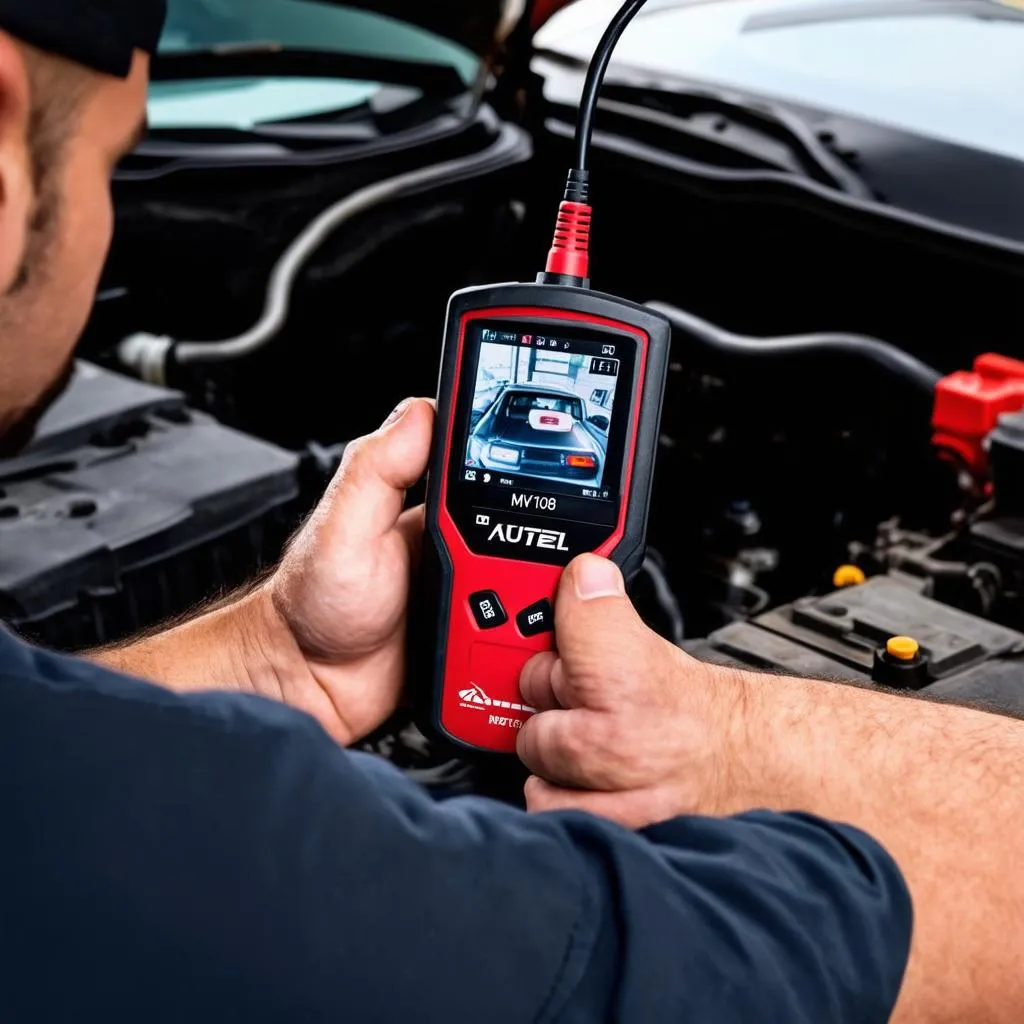 Autel MV108 connected to a car's OBD-II port