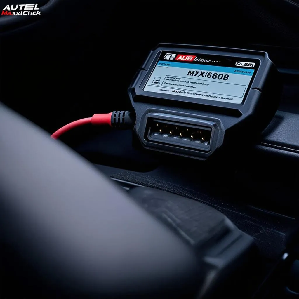 Autel MaxiCheck MX808 connected to a car's OBD-II port.