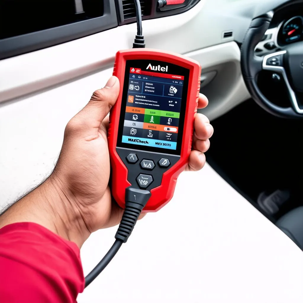 Autel MaxiCheck MX808 connected to a car's OBD-II port