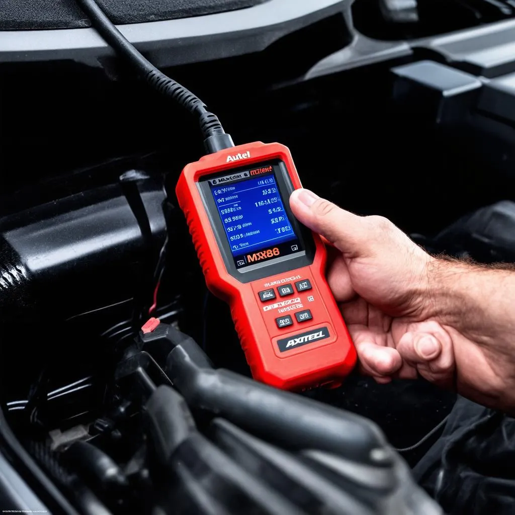 Autel MaxiCheck MX808 being used to diagnose a European car