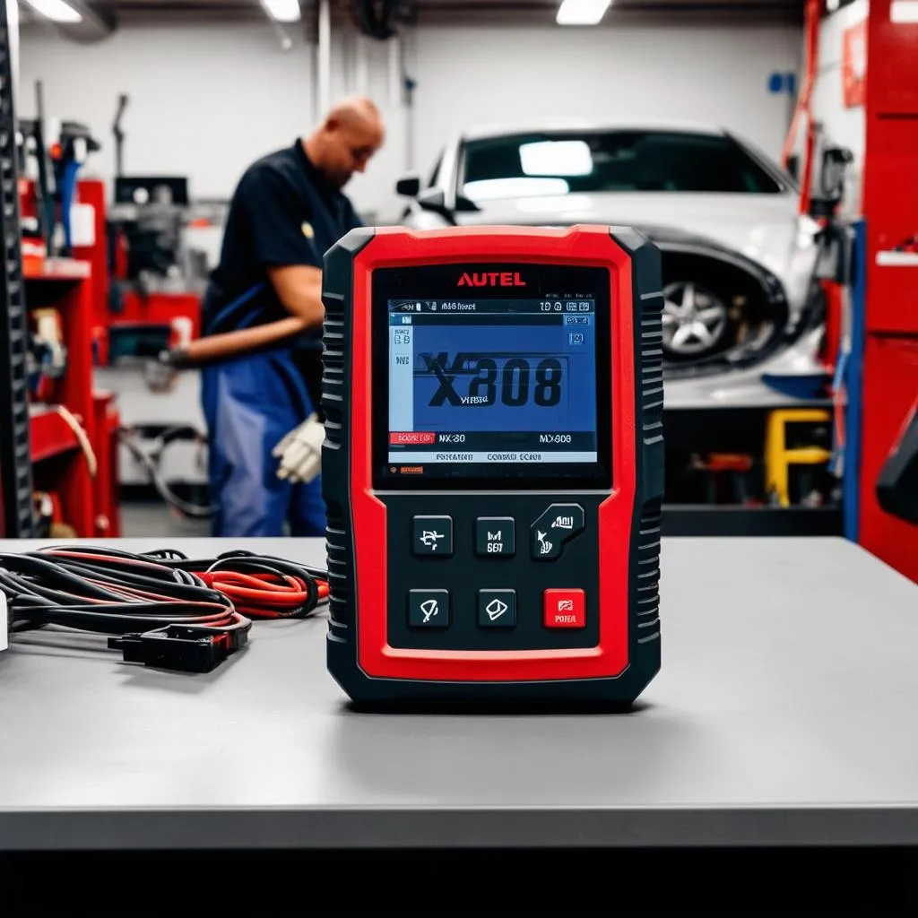 Autel MX808 diagnostic tool in a busy auto repair workshop