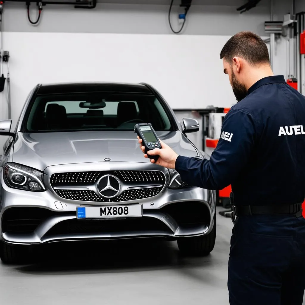 Mechanic Using Autel MX808 on Mercedes-Benz