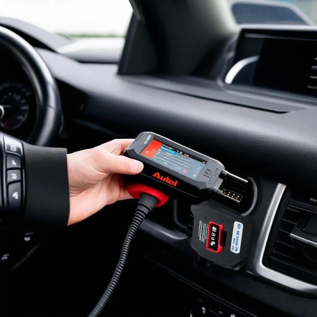 The Autel MP808TS connected to a car's OBD-II port