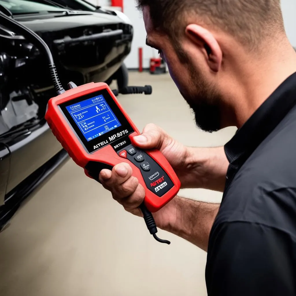 A mechanic using the Autel MP808TS to diagnose a car's engine