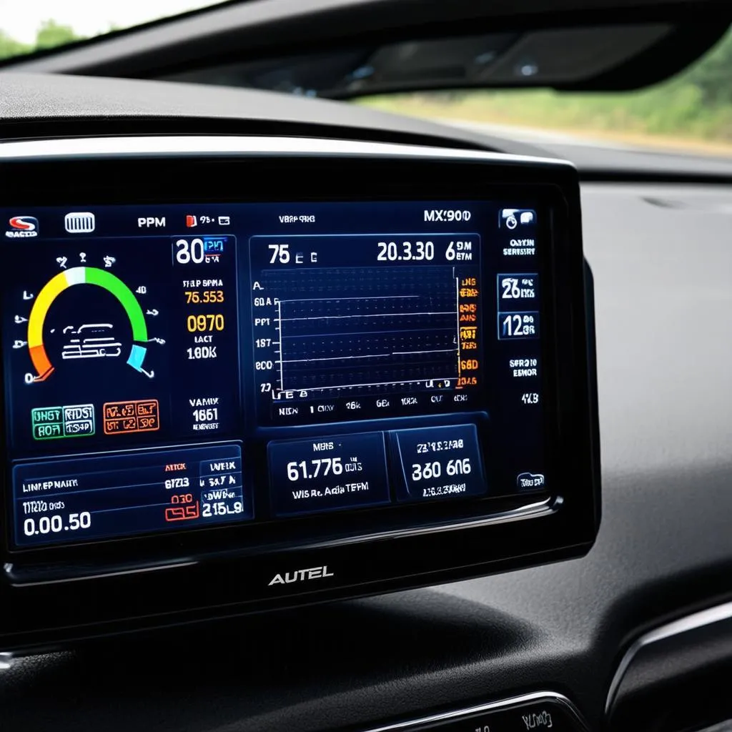 Close-up view of the Autel MX909's screen displaying diagnostic data.