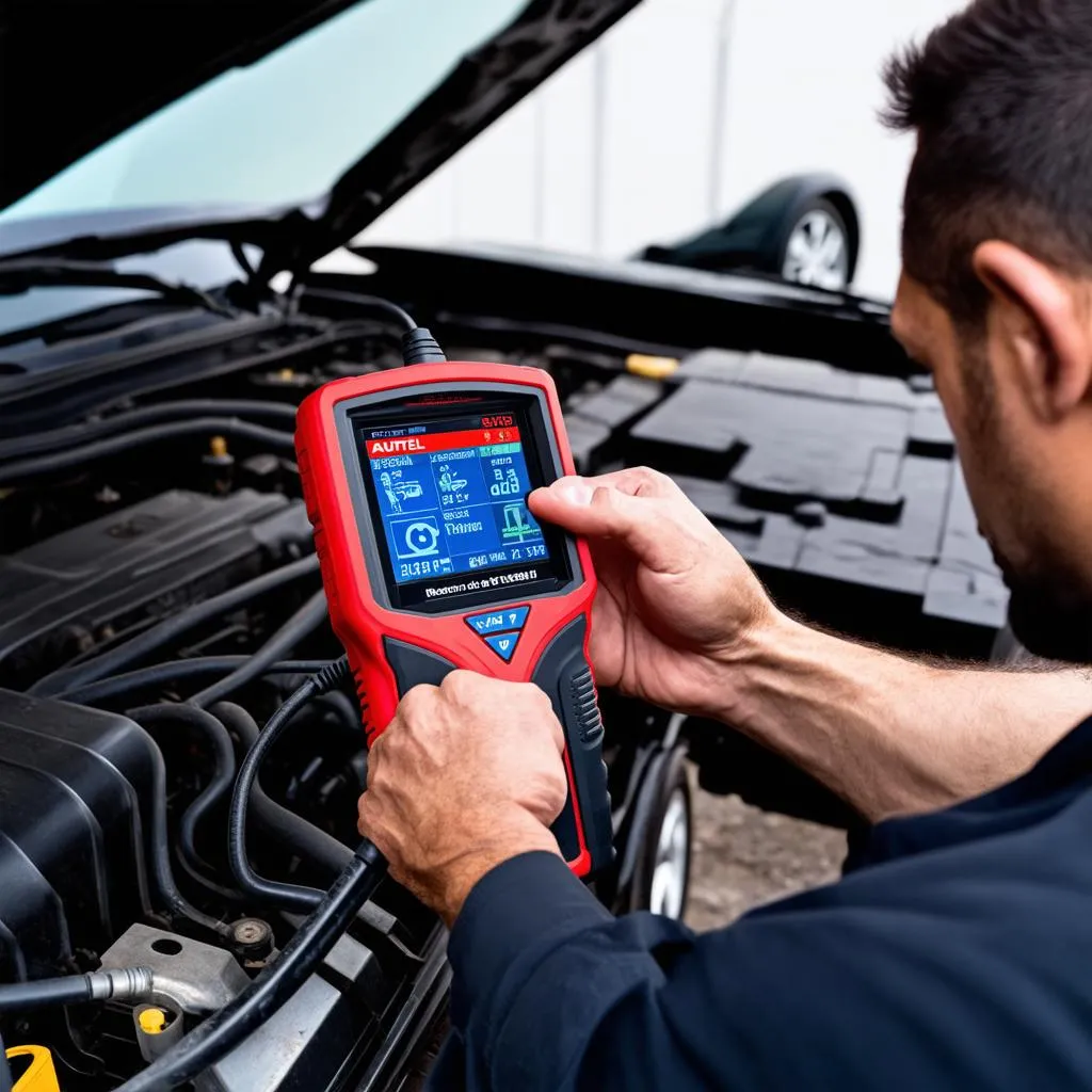 Autel MX909 scanner being used by a mechanic to diagnose a car.