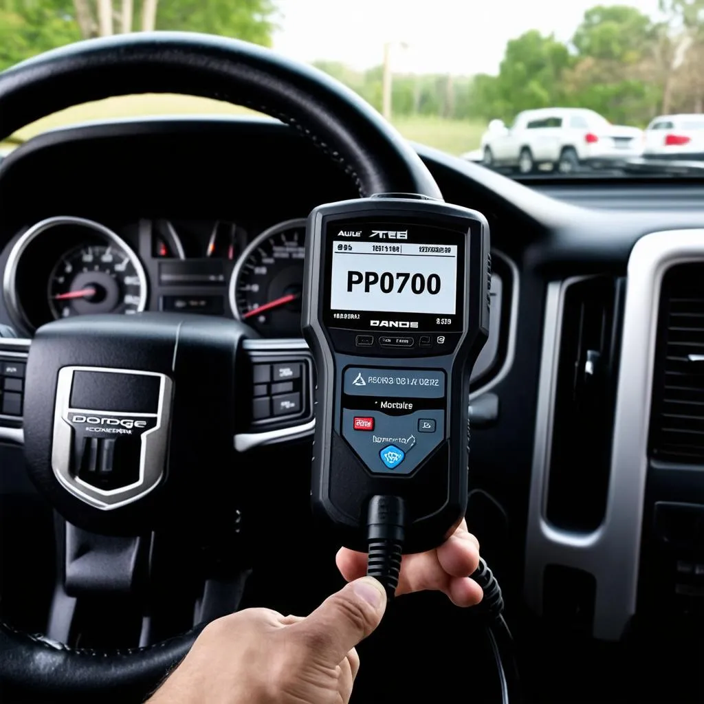 Autel OBD2 scanner plugged into a Dodge Ram truck's OBD2 port, displaying the P0700 code.