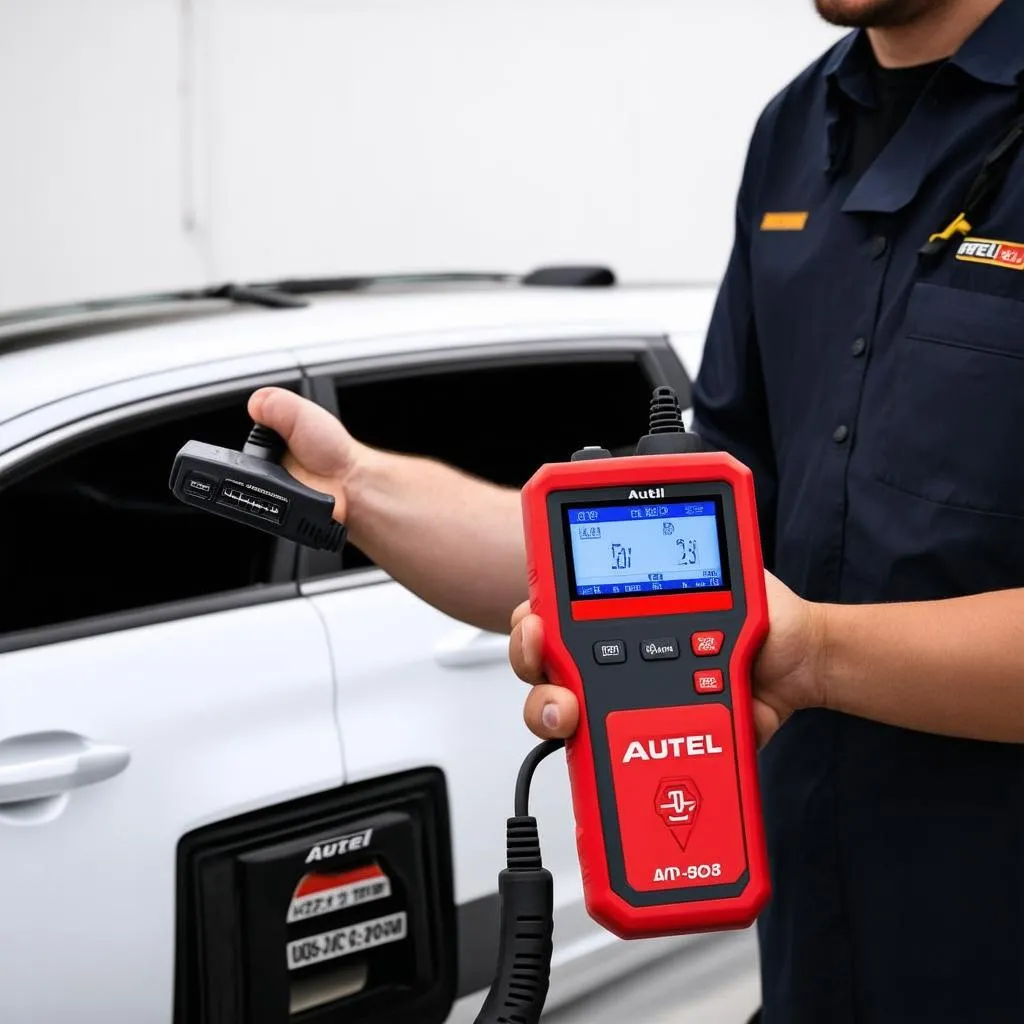 Autel Scanner 908 connected to a car's dashboard