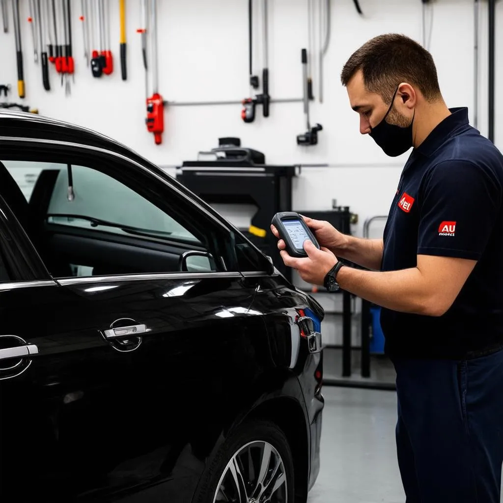 Autel scanner being used to calibrate a vehicle's ADAS system