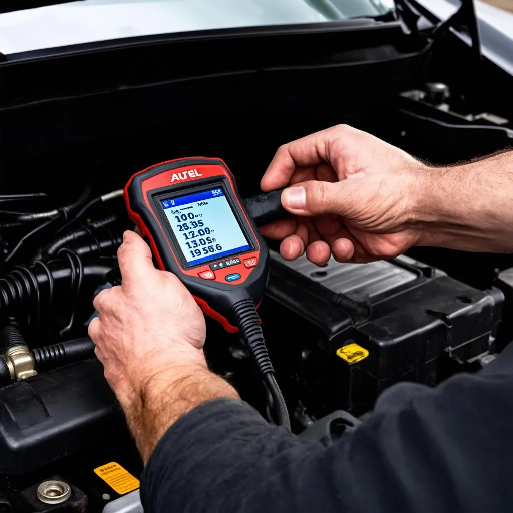 An Autel scanner plugged into a car's OBD-II port