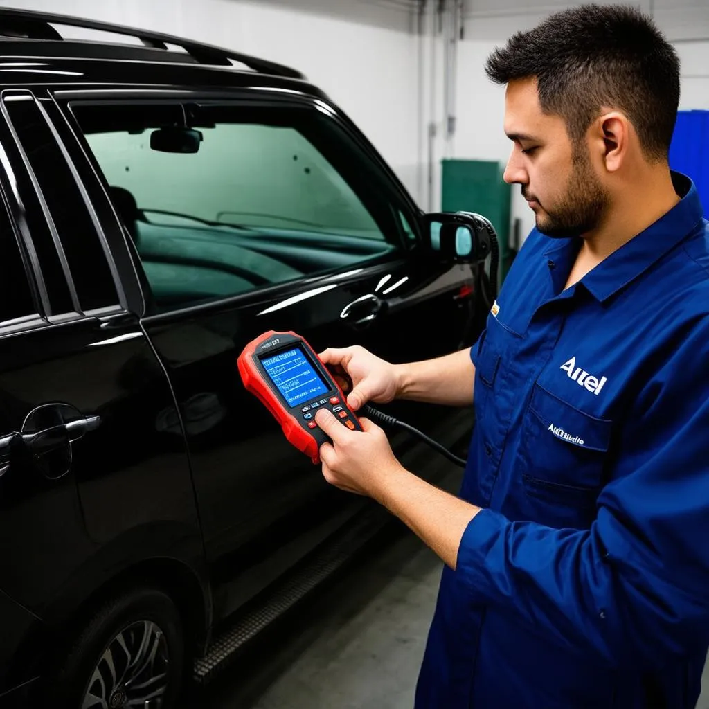 Mechanic using Autel scanner to clear codes