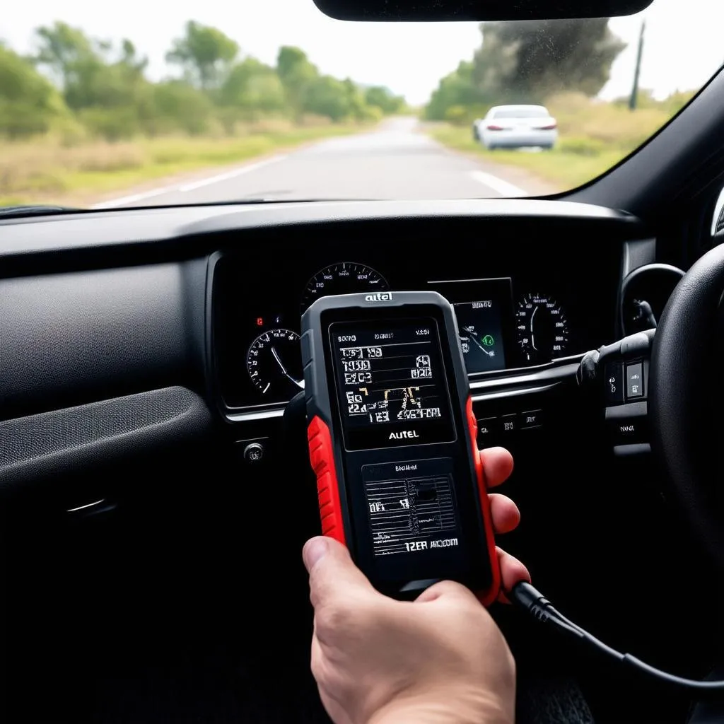 Car dashboard with Autel MaxiCOM plugged in