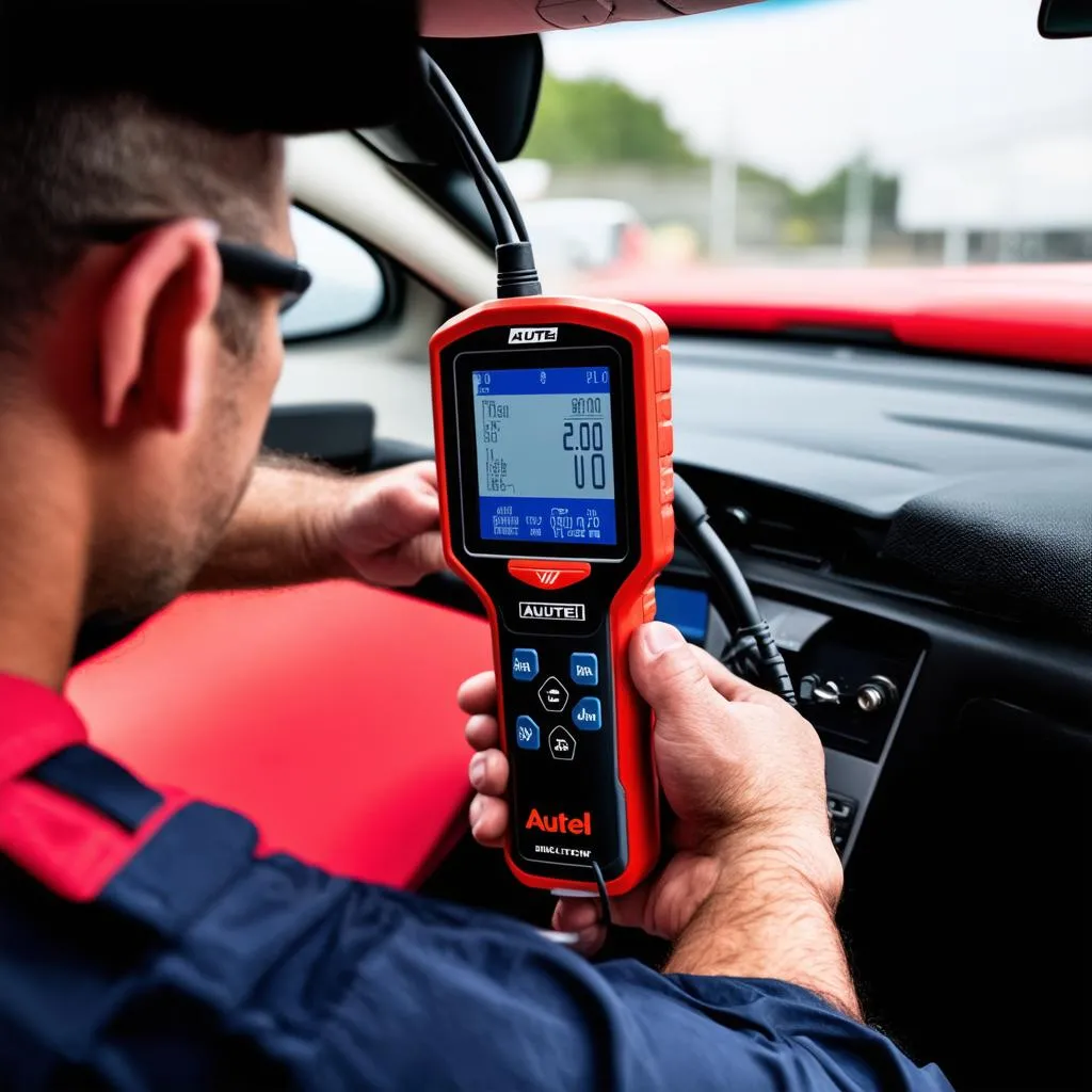 Autel scanner plugged into a car's OBD-II port