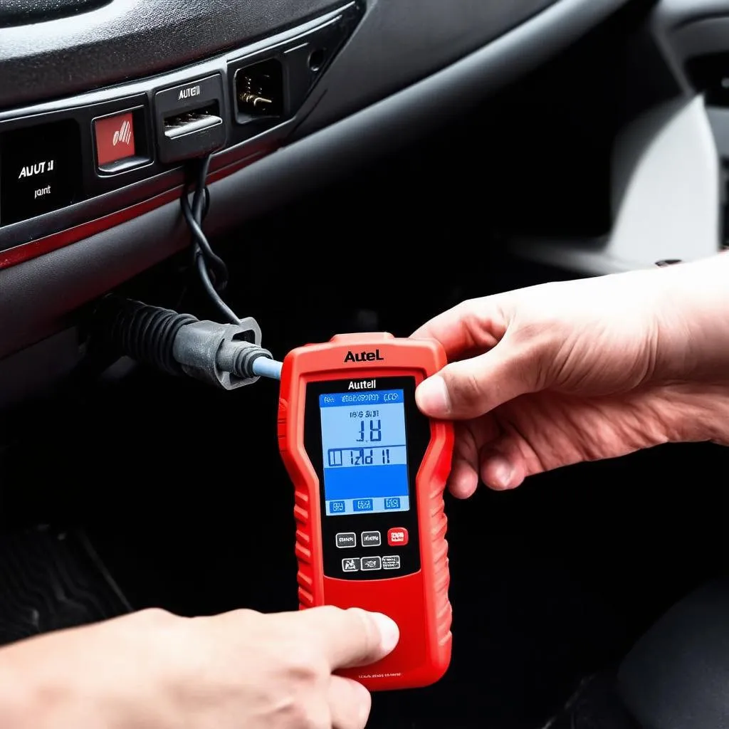 Autel scanner connected to a car's OBD-II port