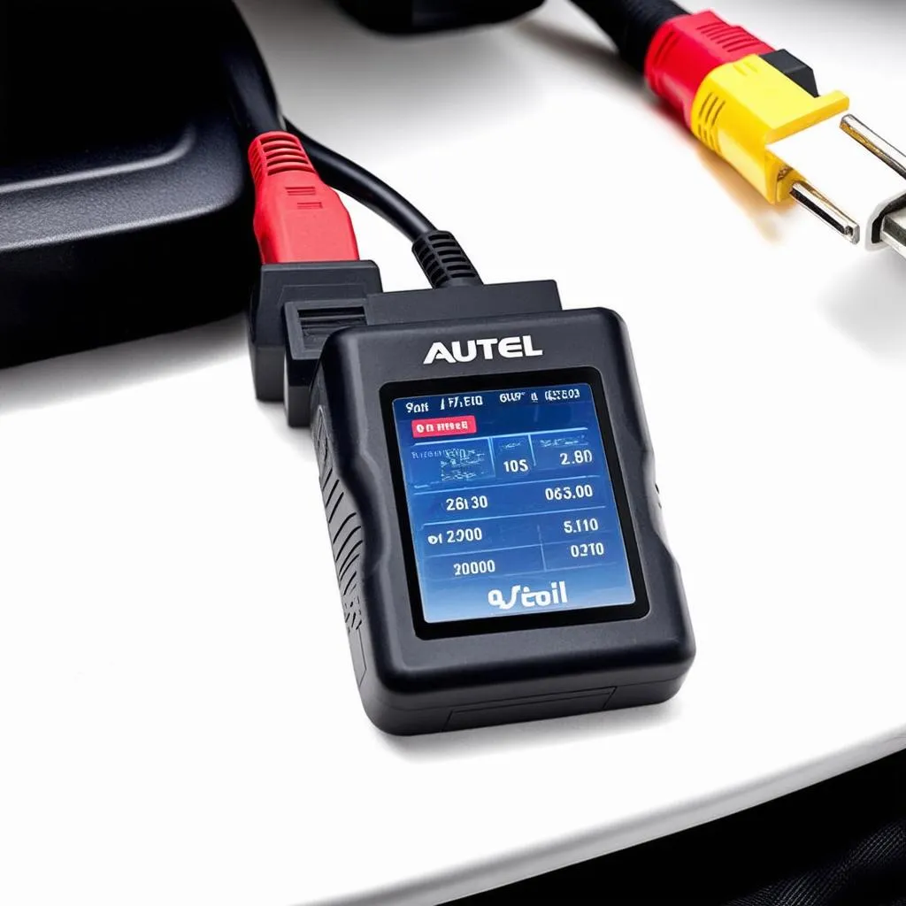 Autel scanner connected to a car's OBD-II port