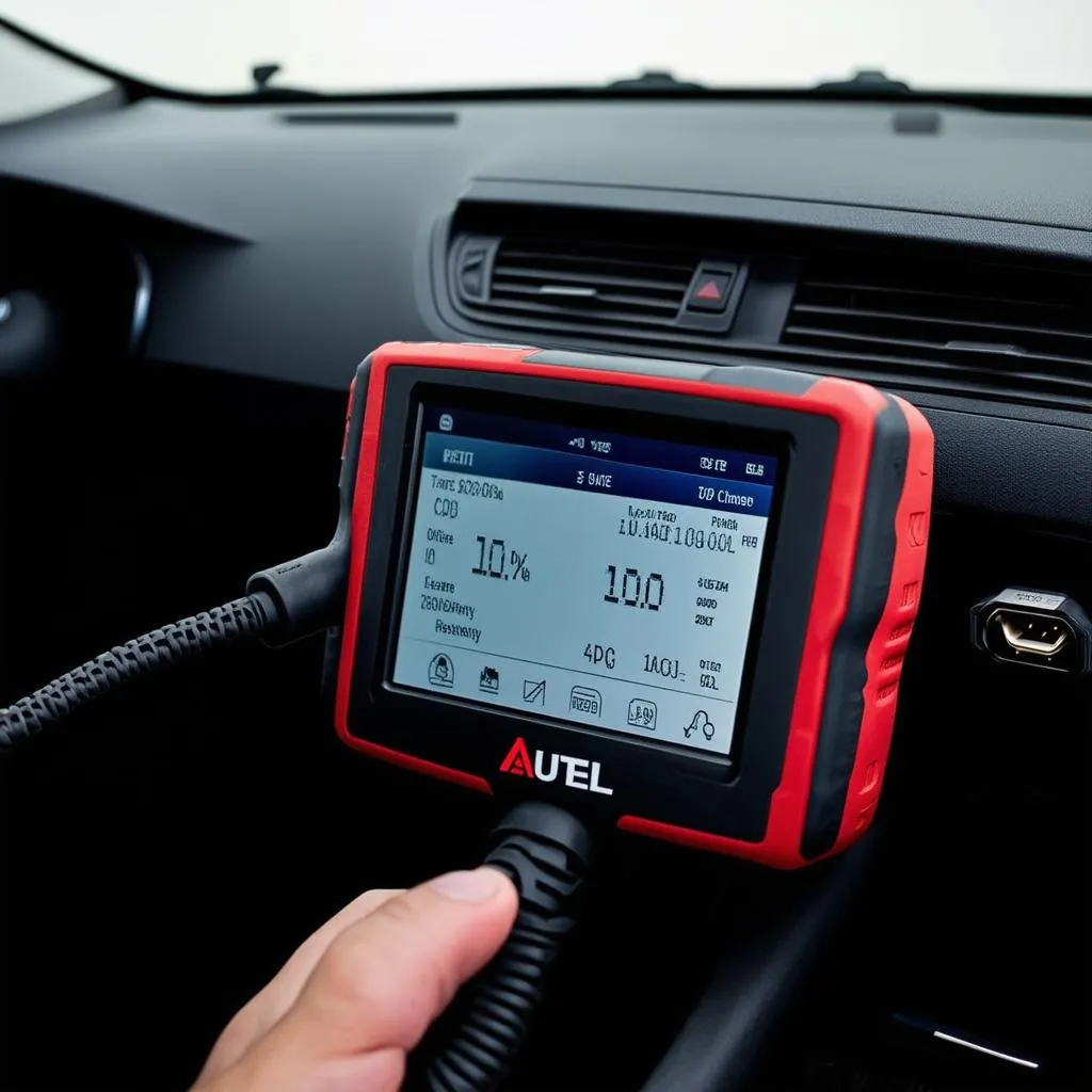 Autel scanner connected to a car's OBD-II port