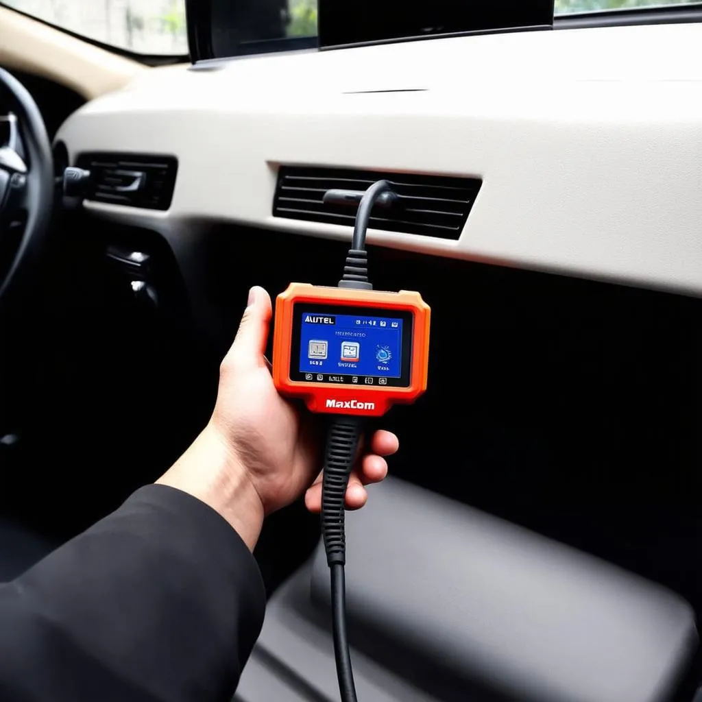 Autel scanner plugged into a car's OBD-II port