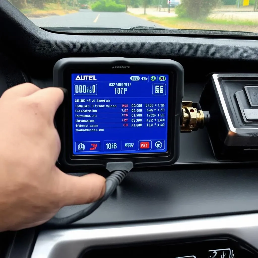 Autel scanner connected to a car's dashboard