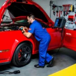 Mechanic using Autel scanner to diagnose a car