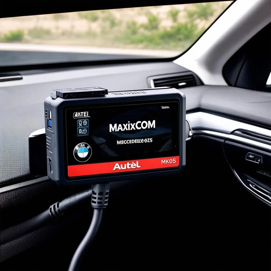 Autel Scanner plugged into a European car's OBD-II port.