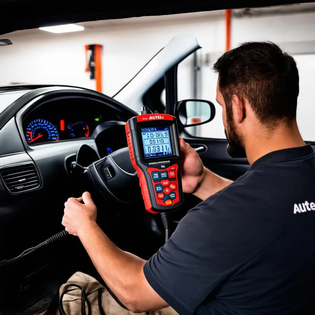 mechanic using autel scanner to diagnose car problem