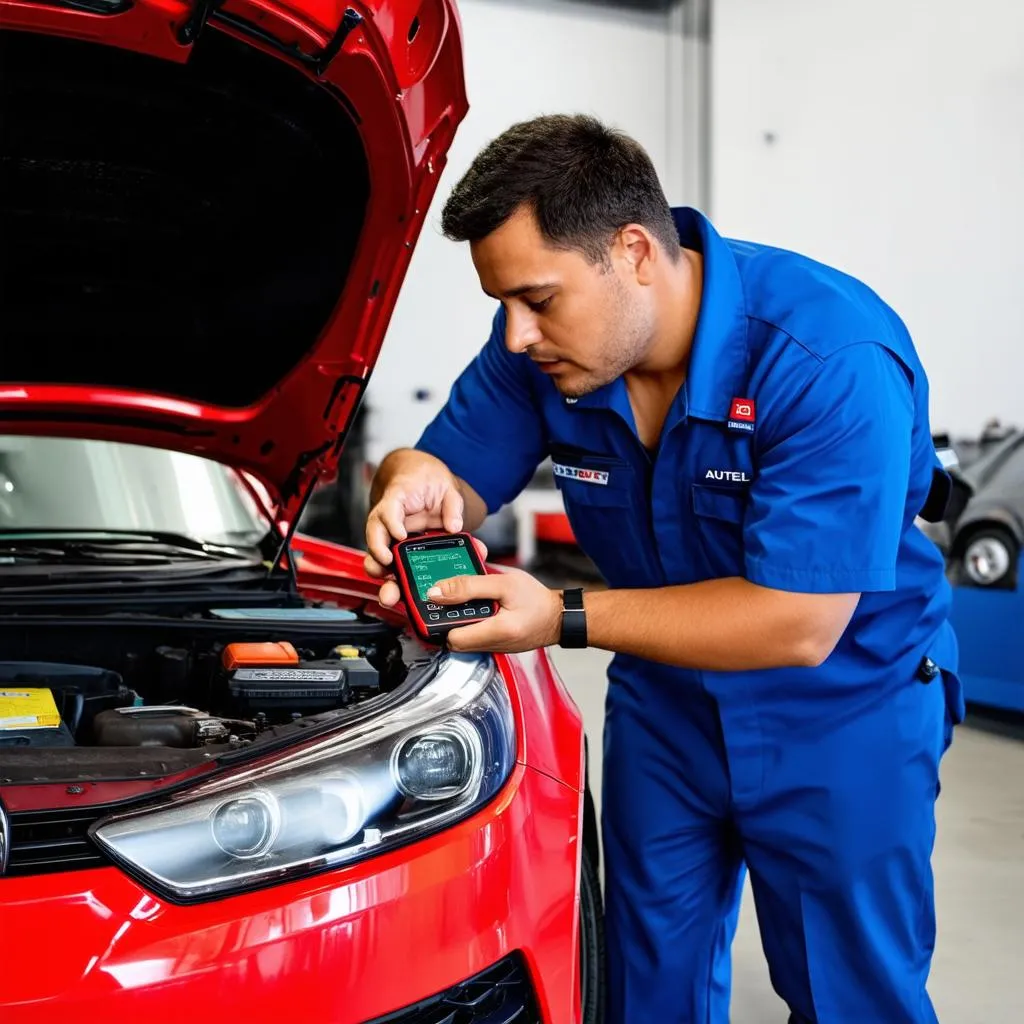 mechanic using an autel scanner to diagnose a car