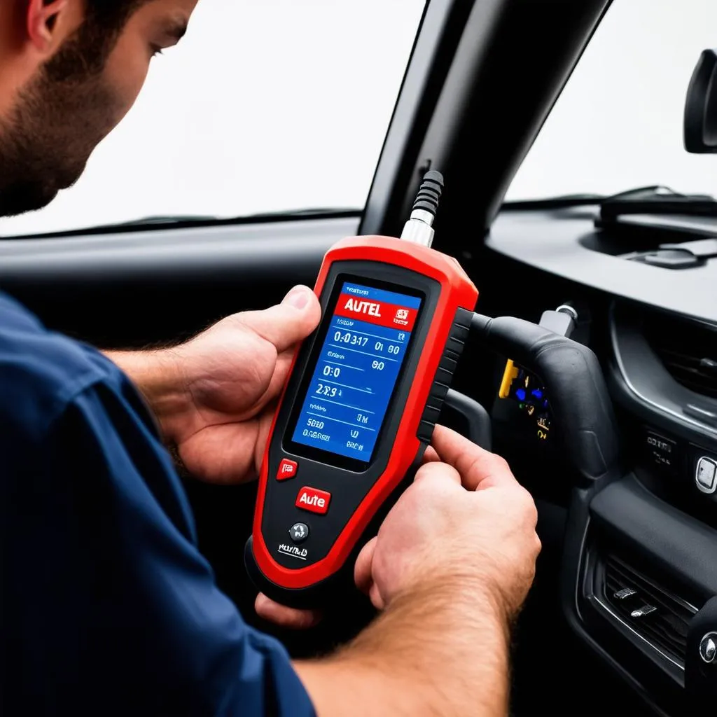 mechanic using autel scanner on a european car