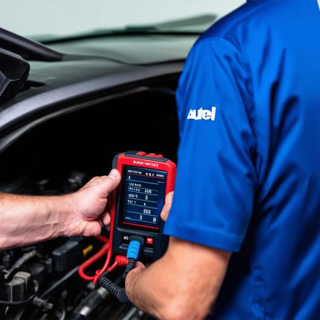 Mechanic using an Autel bidirectional scan tool