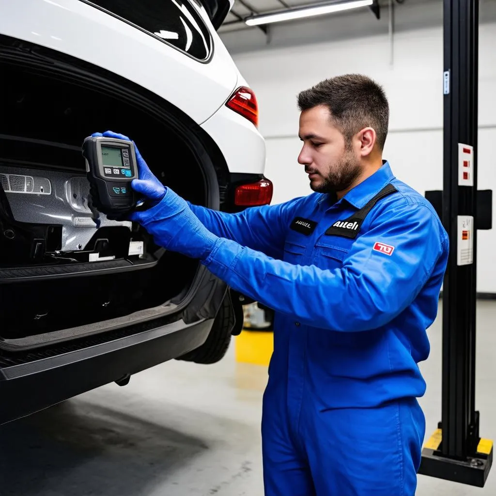 Mechanic using an Autel scanner on a car