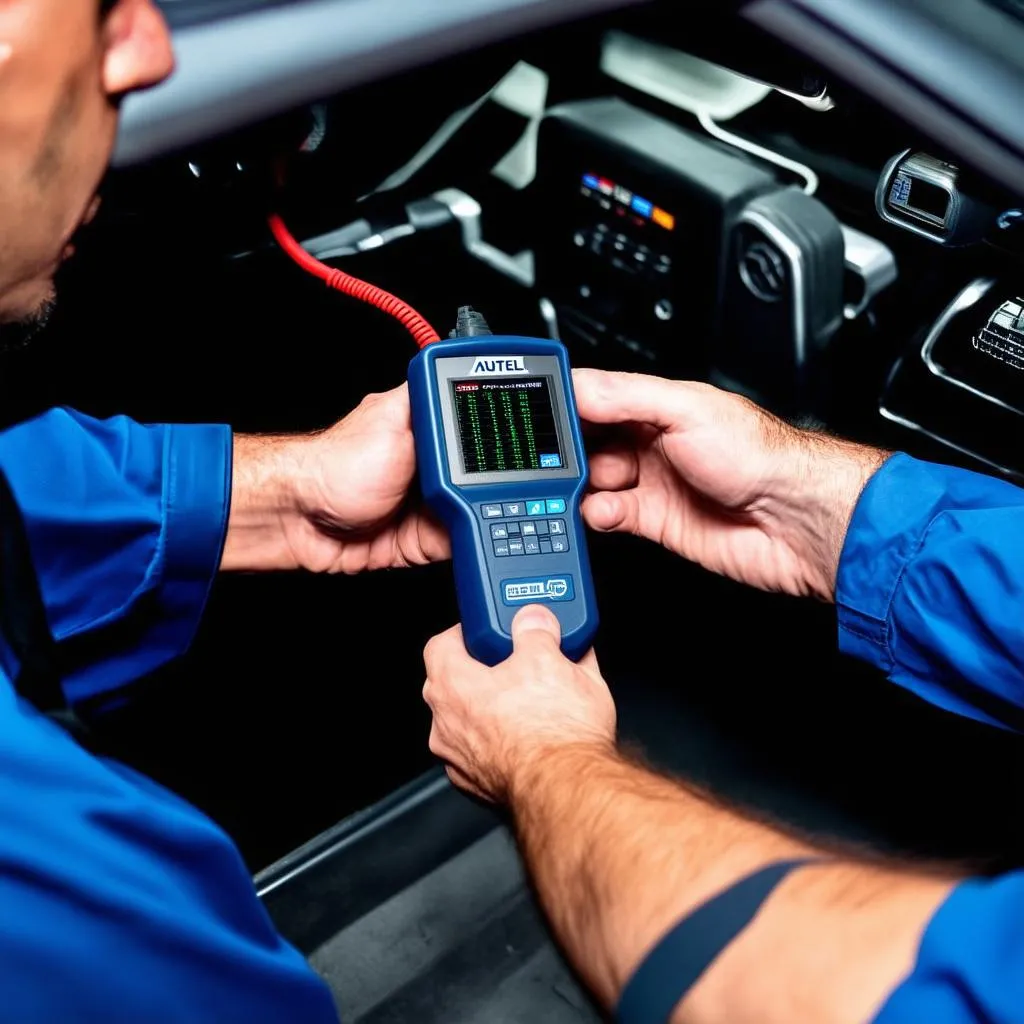 Mechanic using Autel scanner to diagnose car