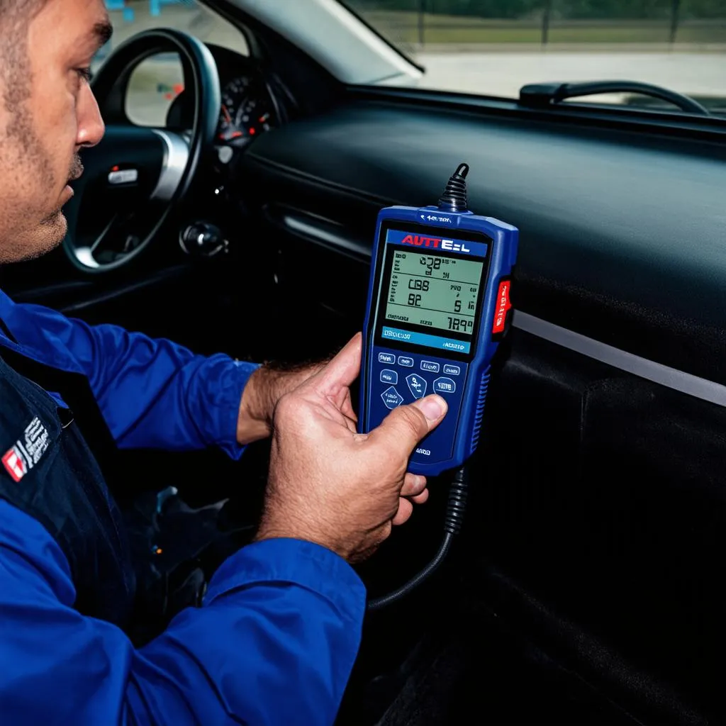 Mechanic using Autel scanner to diagnose car problems