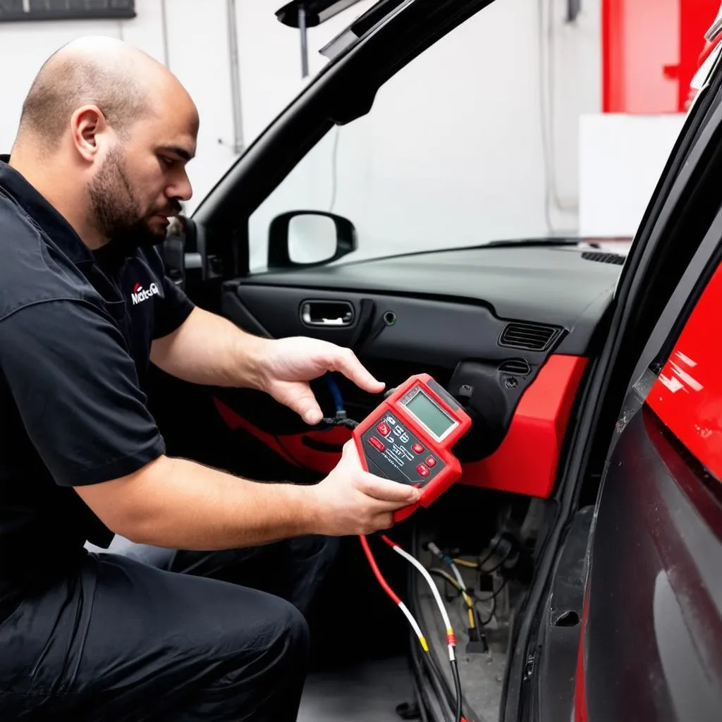 Mechanic using an Autel MaxiCOM scanner