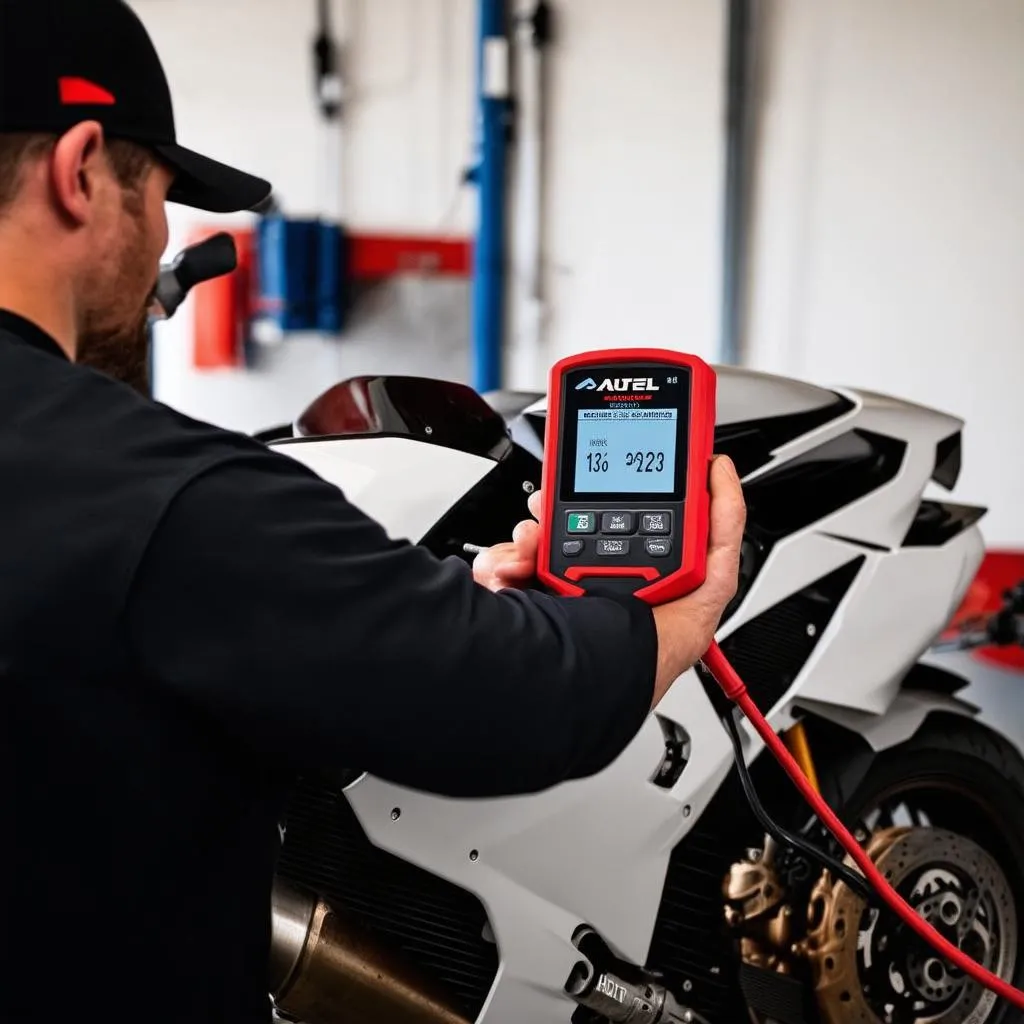 Mechanic using Autel Scanner on a Motorcycle