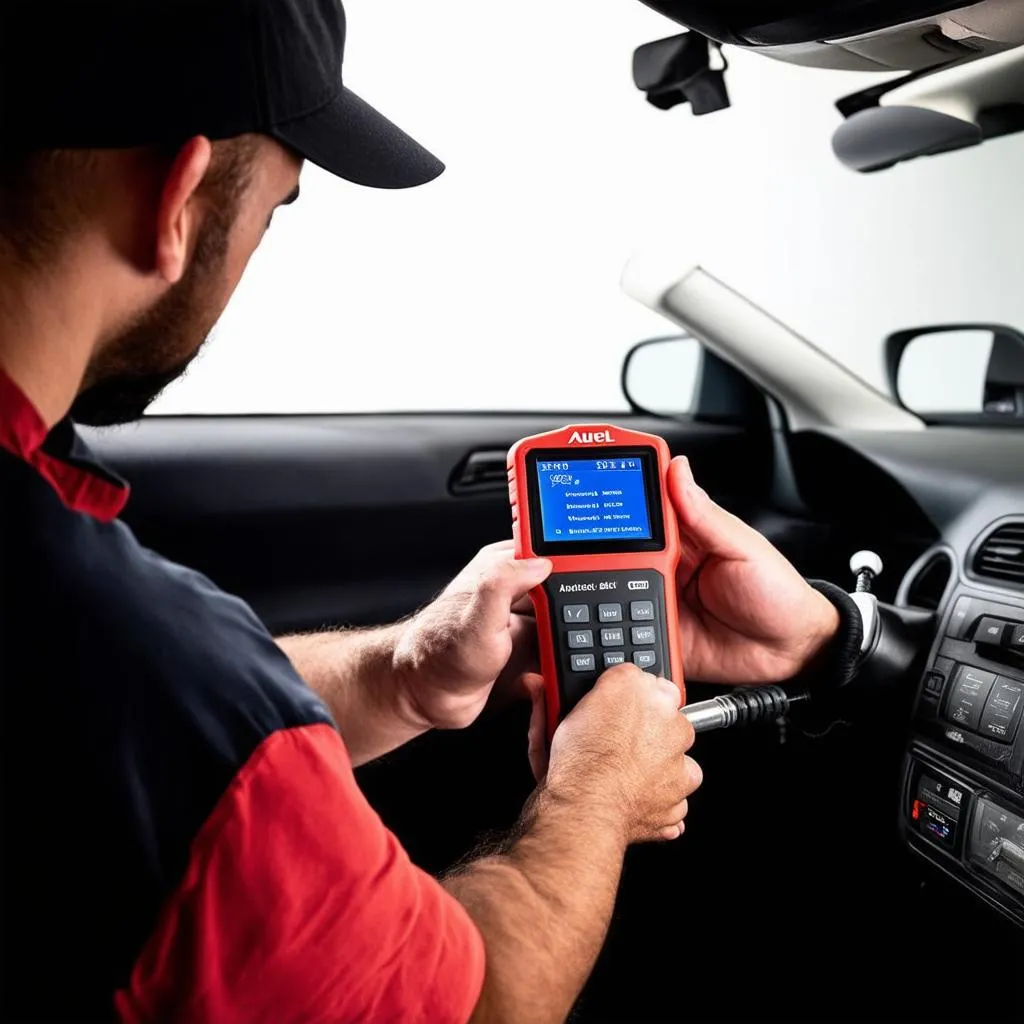 Mechanic using an Autel scanner to diagnose a car