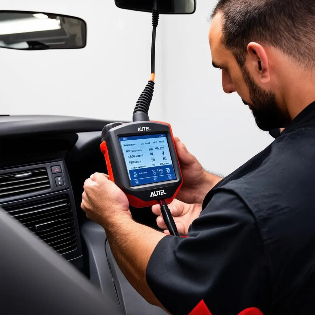 Mechanic using Autel scanner to diagnose car AC