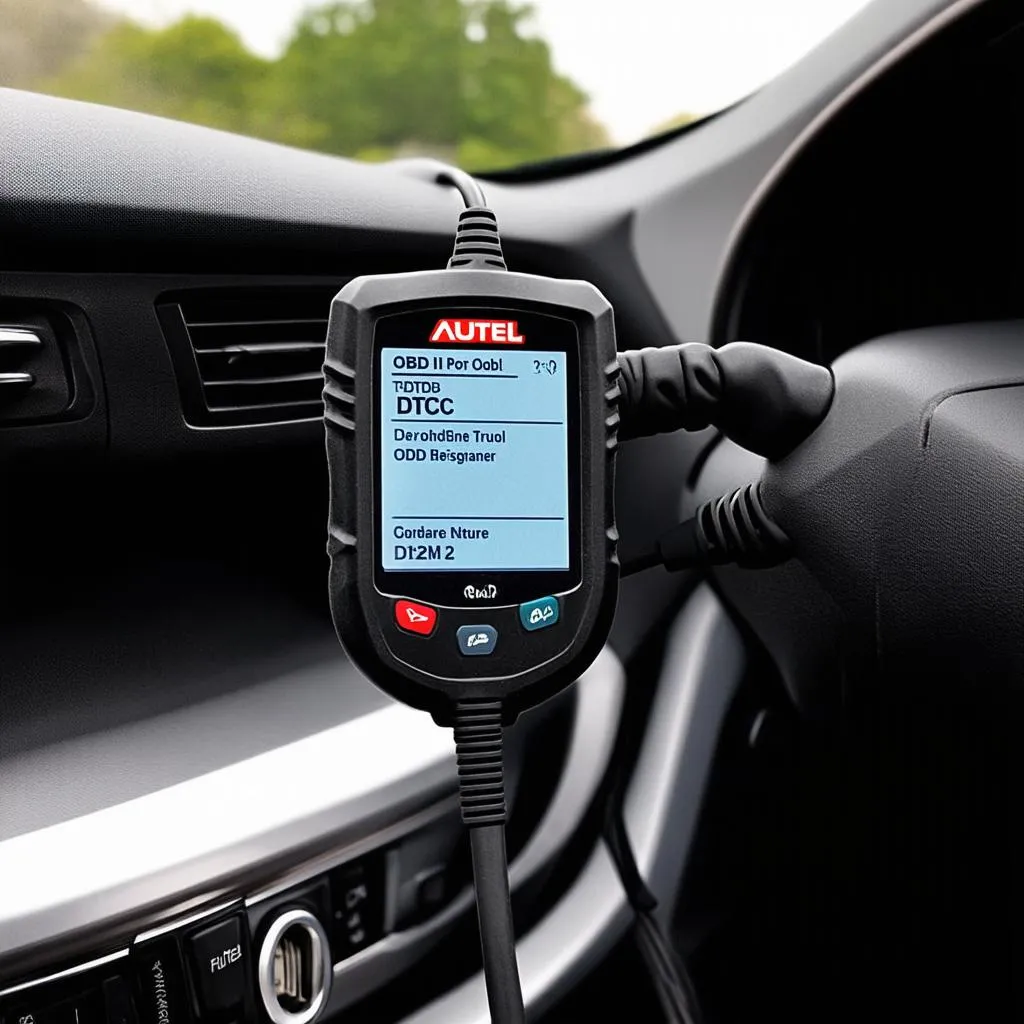 Autel OBD2 scanner plugged into a car's OBDII port, displaying an error code on its screen.