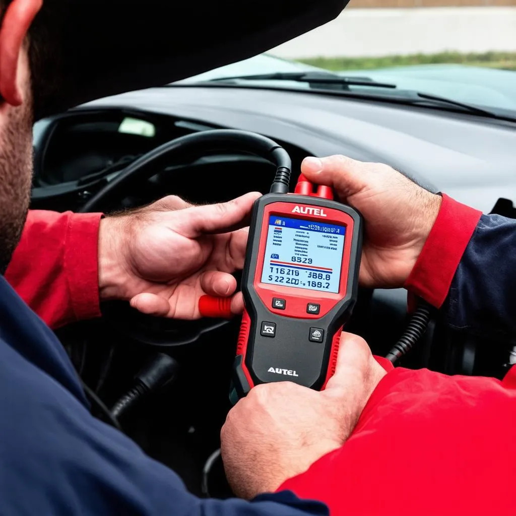 Mechanic using an Autel scanner to diagnose a car