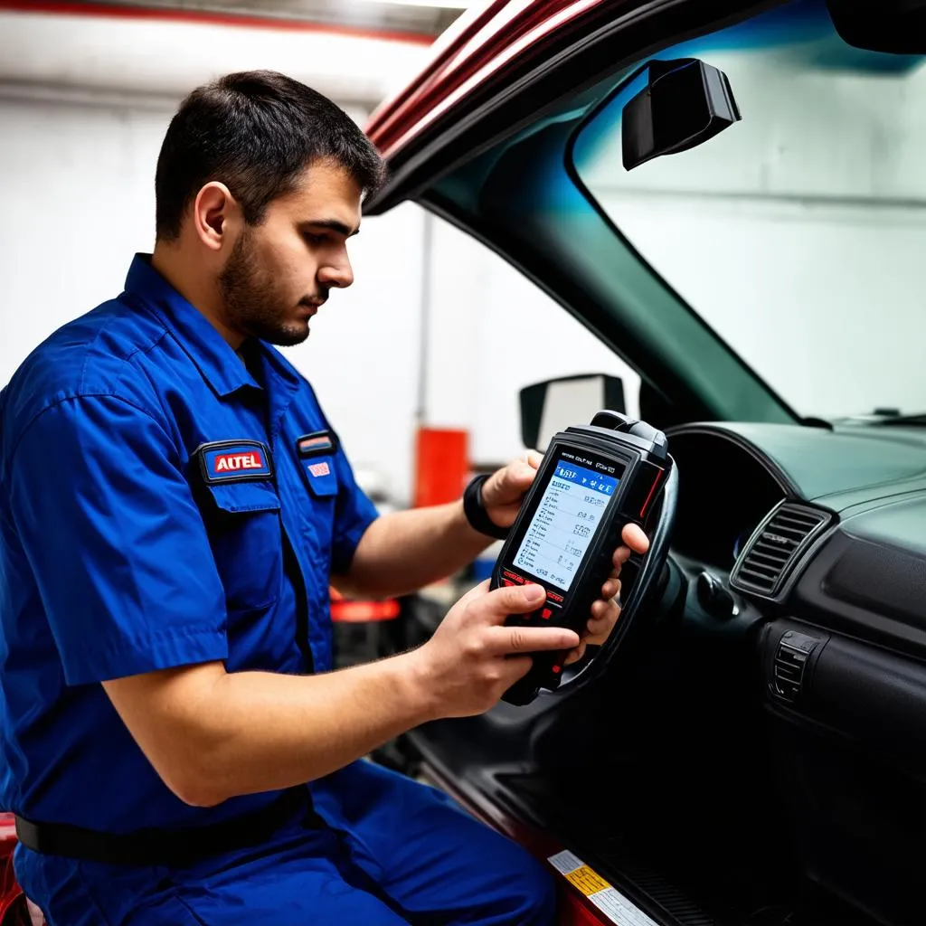 Mechanic using an Autel scanner