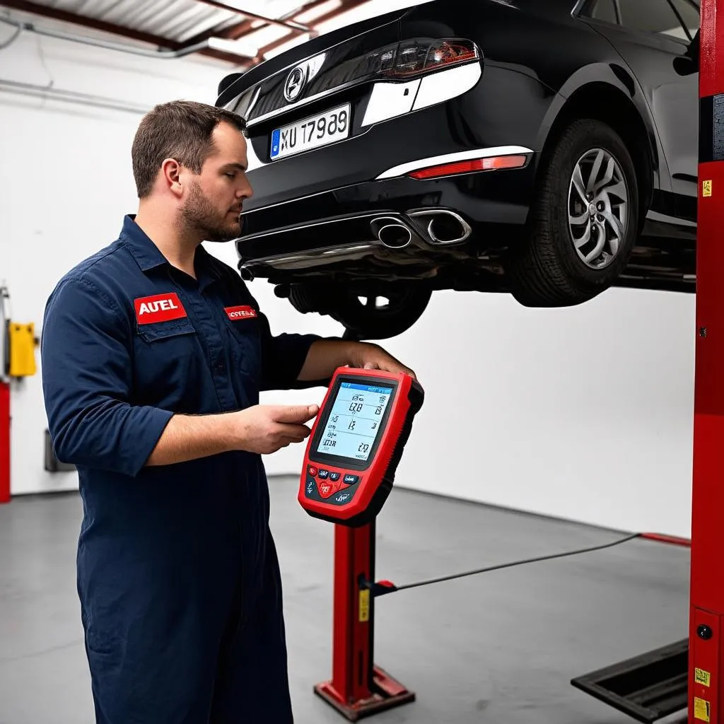 Mechanic using an Autel scanner in a garage