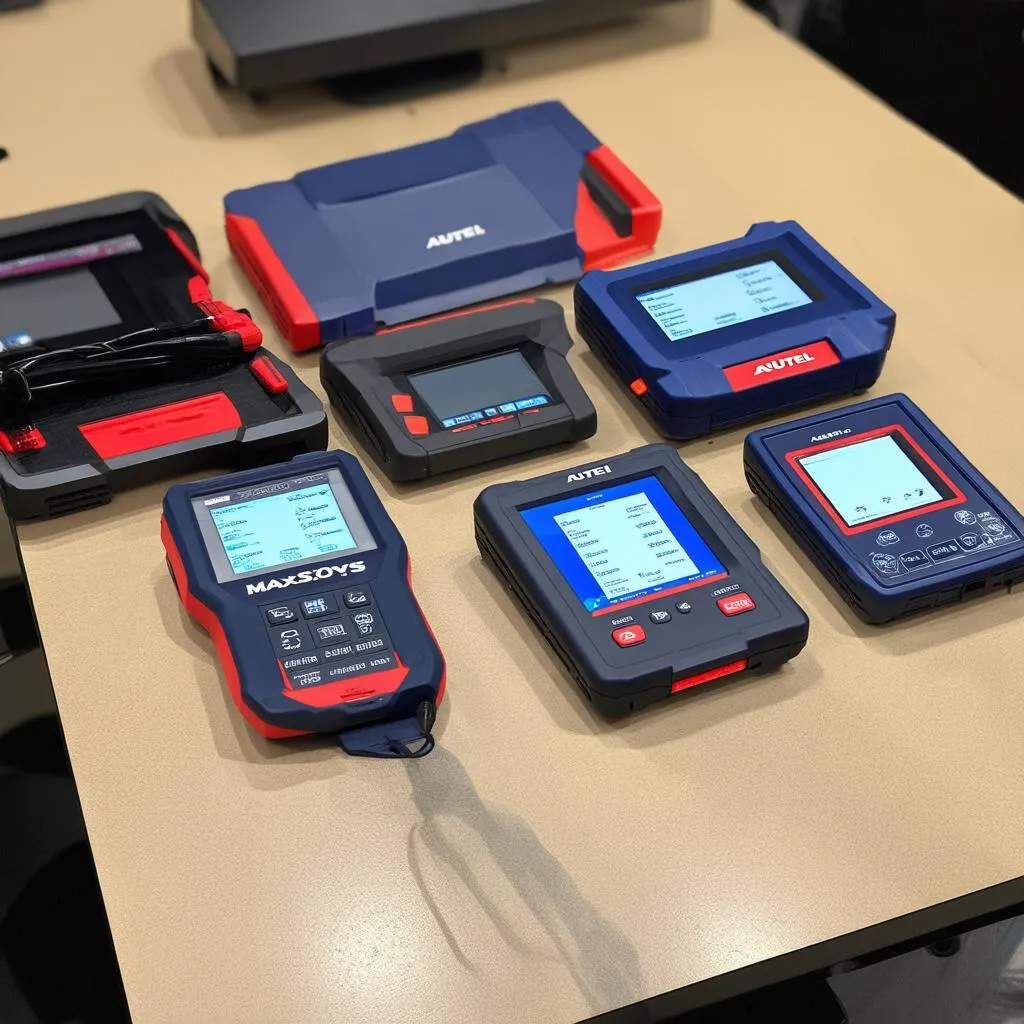 different models of autel scanners displayed on a table