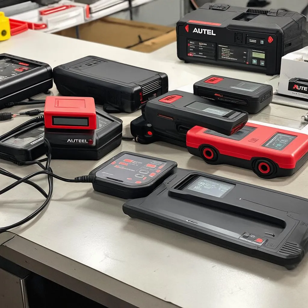 Different models of Autel scanners arranged on a table