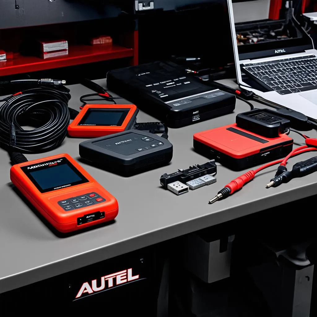 Different Autel scanner models displayed on a workbench