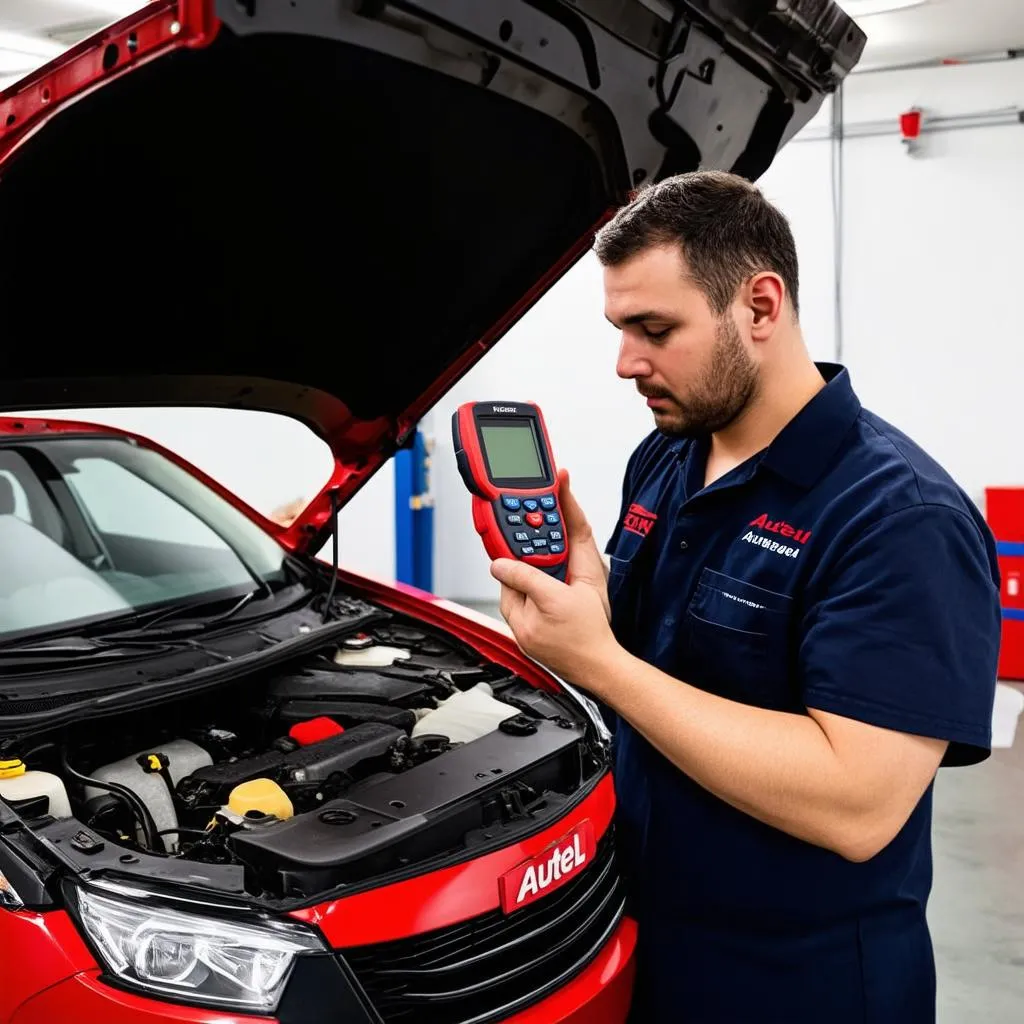 Mechanic using Autel scanner on car